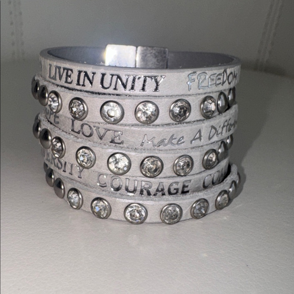 Good Works Rhinestone Studded Grey/Silver Leather Wrap Bracelet